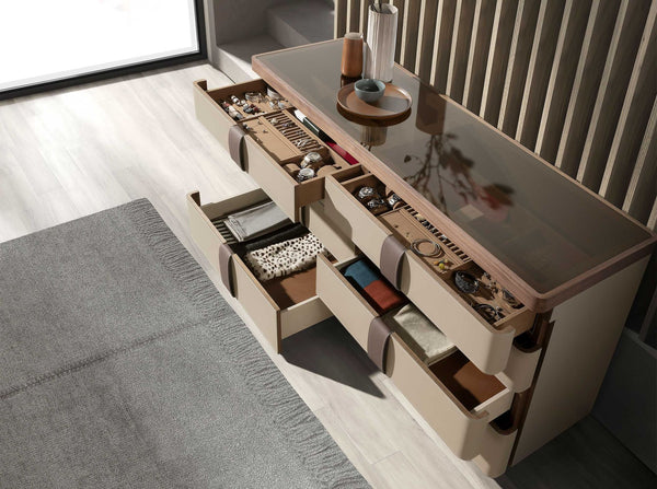 Chest of drawers in leather, walnut, polished steel base and smoked brown glass top