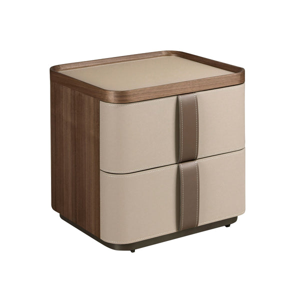 Bedside table in leather, walnut and polished steel base