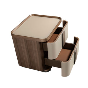 Bedside table in leather, walnut and polished steel base