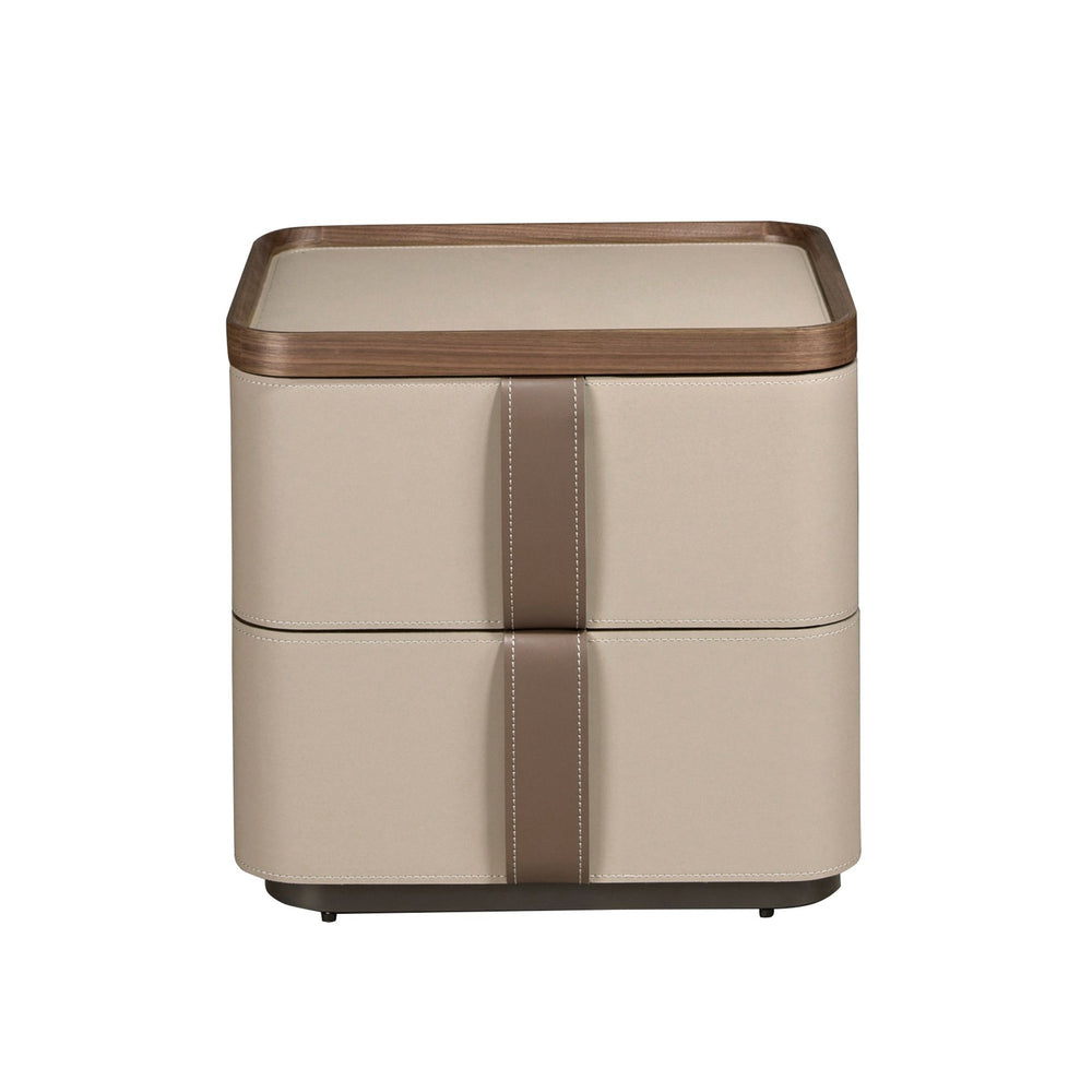 Bedside table in leather, walnut and polished steel base