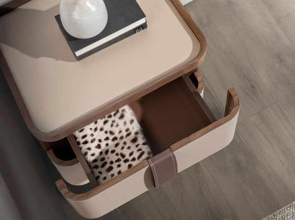 Bedside table in leather, walnut and polished steel base