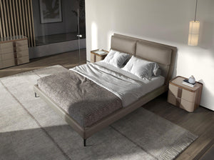 Bedside table in leather, walnut and polished steel base