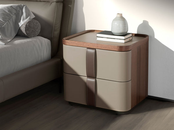 Bedside table in leather, walnut and polished steel base