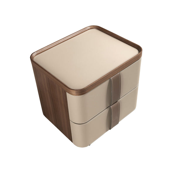 Bedside table in leather, walnut and polished steel base
