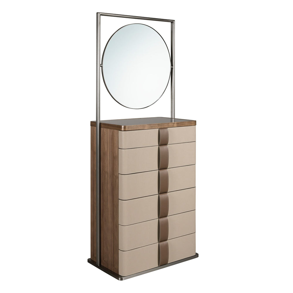 Chiffonier in leather, walnut, gray steel and brown smoked glass top with mirror