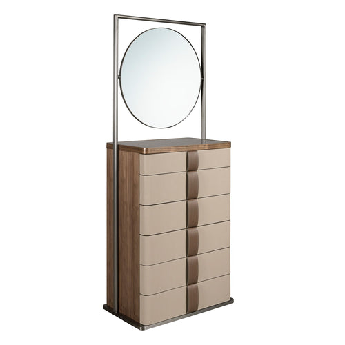 Chiffonier in leather, walnut, gray steel and brown smoked glass top with mirror