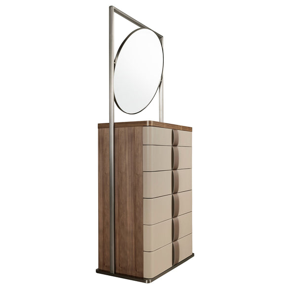 Chiffonier in leather, walnut, gray steel and brown smoked glass top with mirror