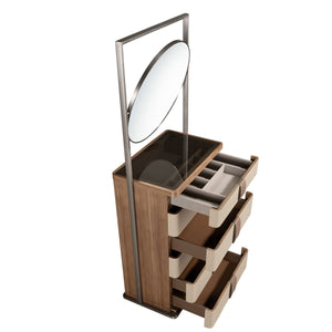 Chiffonier in leather, walnut, gray steel and brown smoked glass top with mirror