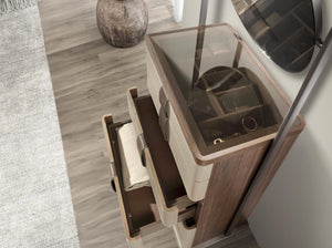 Chiffonier in leather, walnut, gray steel and brown smoked glass top with mirror