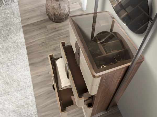 Chiffonier in leather, walnut, gray steel and brown smoked glass top with mirror