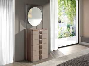 Chiffonier in leather, walnut, gray steel and brown smoked glass top with mirror
