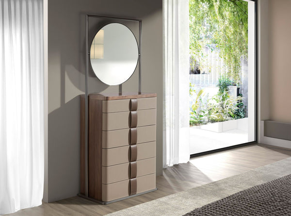 Chiffonier in leather, walnut, gray steel and brown smoked glass top with mirror