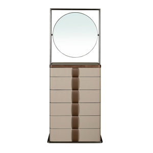 Chiffonier in leather, walnut, gray steel and brown smoked glass top with mirror