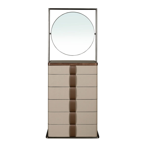 Chiffonier in leather, walnut, gray steel and brown smoked glass top with mirror
