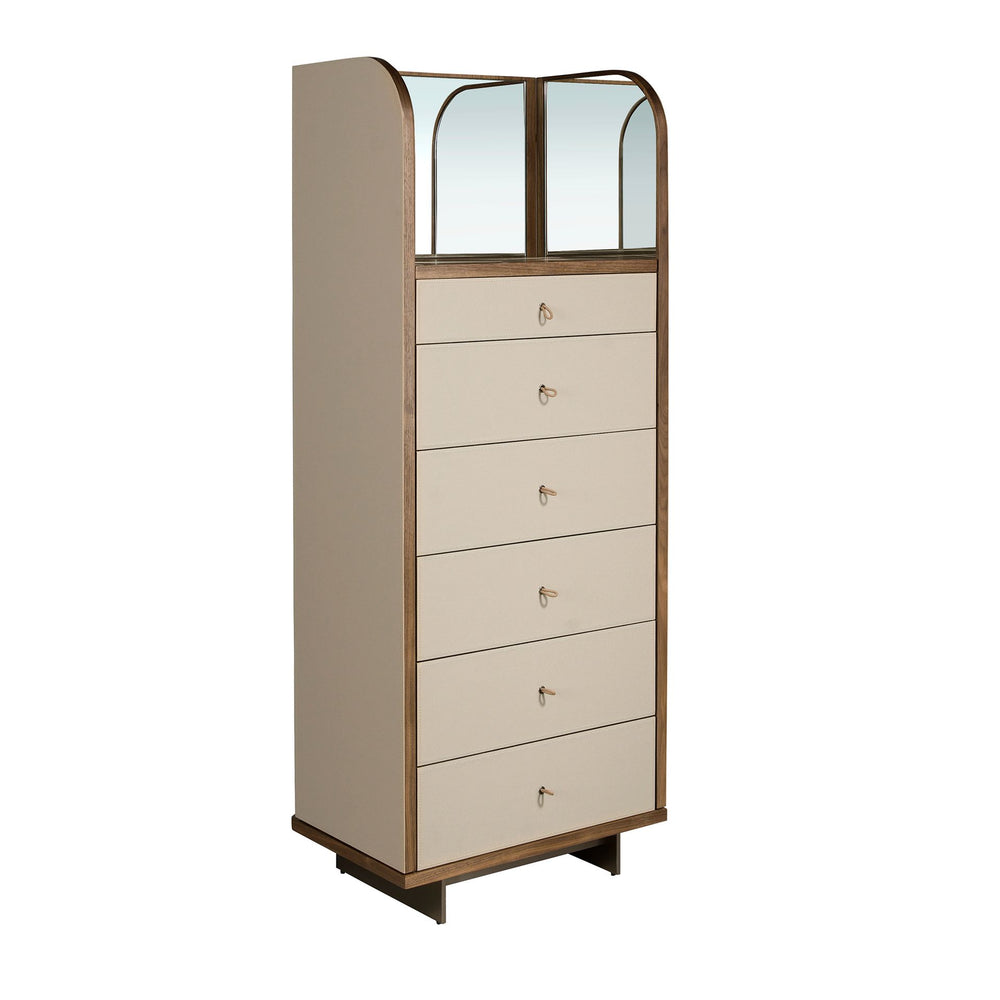 Chifonier in leather, walnut and mirror-polished steel