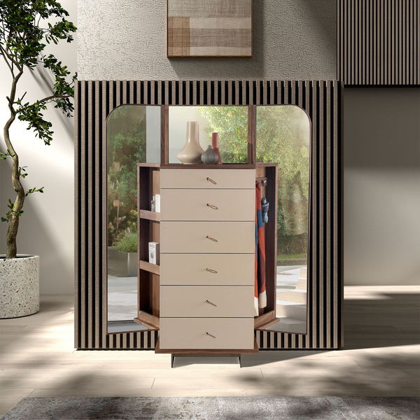 Chifonier in leather, walnut and mirror-polished steel