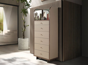 Chifonier in leather, walnut and mirror-polished steel