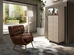 Chifonier in leather, walnut and mirror-polished steel