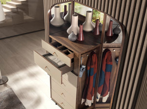 Chifonier in leather, walnut and mirror-polished steel