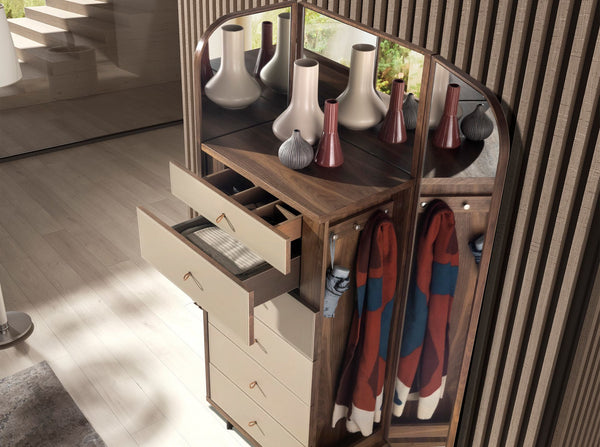 Chifonier in leather, walnut and mirror-polished steel