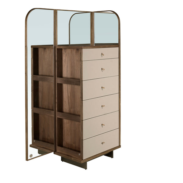 Chifonier in leather, walnut and mirror-polished steel