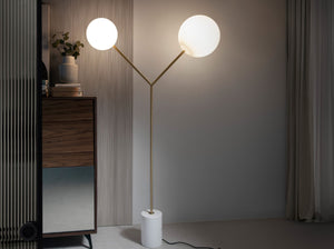 Floor lamp in white marble, gold steel and white glass