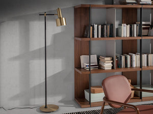 Floor lamp in gold aluminum and black steel