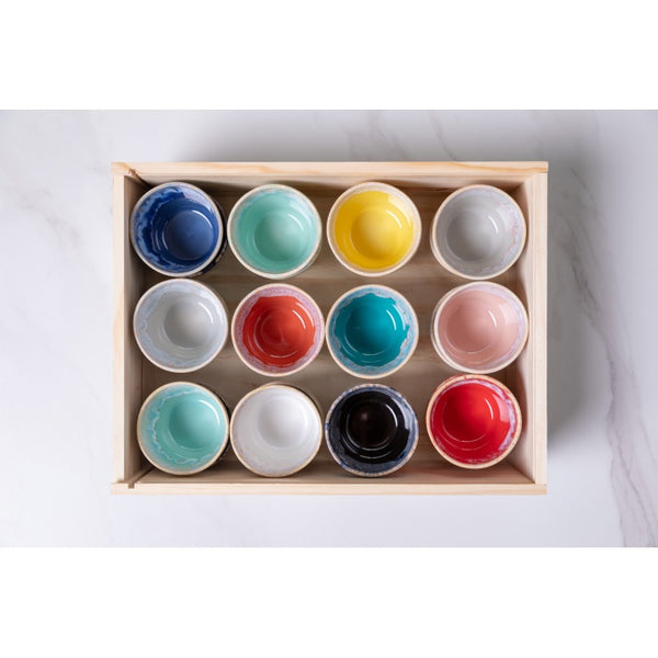 Set of 24 multicolored coffee cups (with wooden display box)