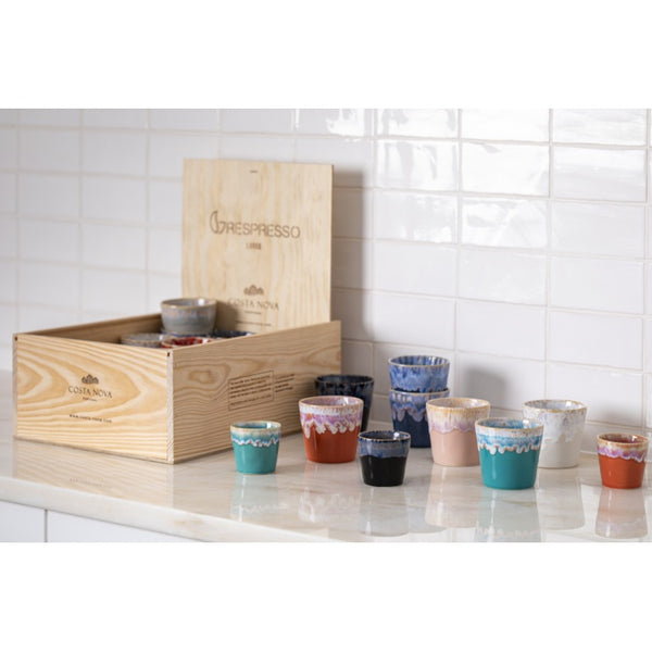 Set of 24 multicolored coffee cups (with wooden display box)