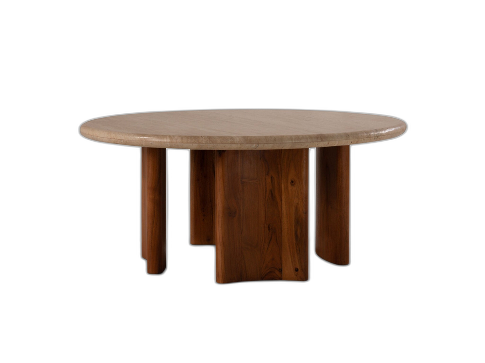 Round Coffee Table with Stone Top & Solid Wood Legs