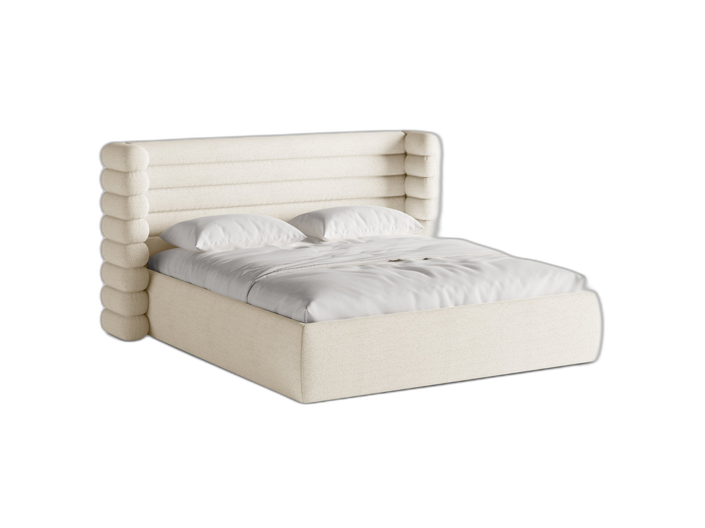 Modern Upholstered Bed Frame with Sculpted Headboard & Storage