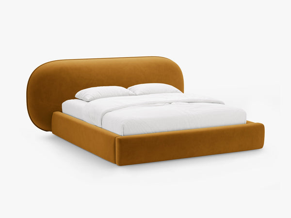 Upholstered Bed Frame with Rounded Headboard & Storage