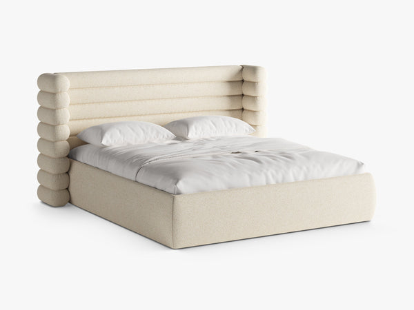 Modern Upholstered Bed Frame with Sculpted Headboard & Storage