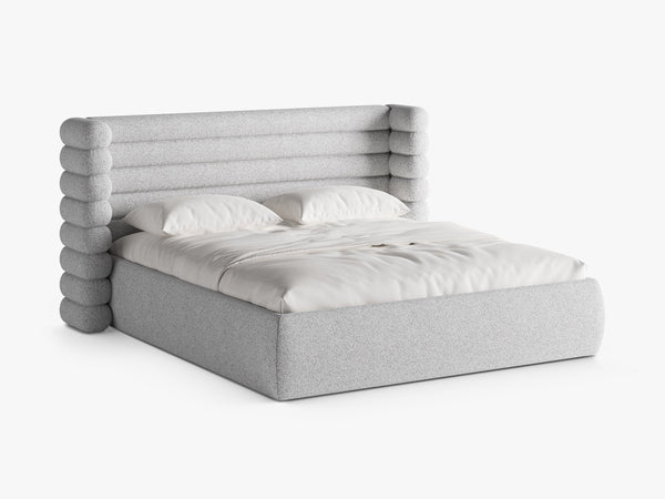 Modern Upholstered Bed Frame with Sculpted Headboard & Storage