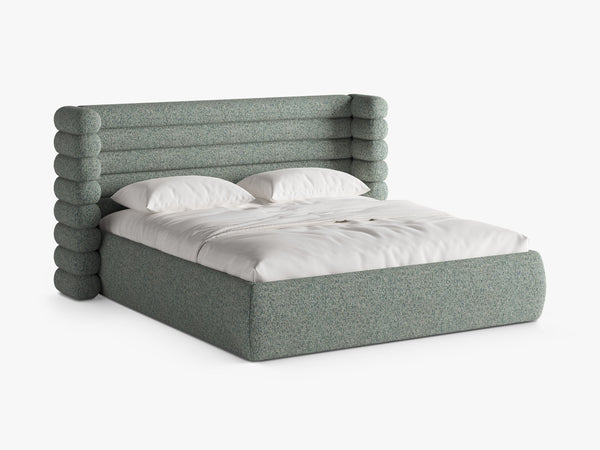 Modern Upholstered Bed Frame with Sculpted Headboard & Storage