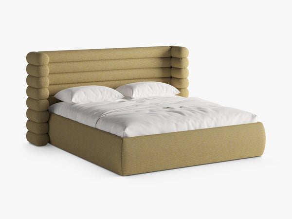 Modern Upholstered Bed Frame with Sculpted Headboard & Storage