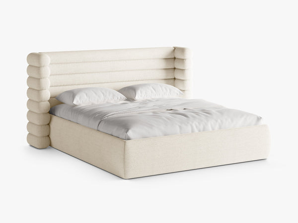 Modern Upholstered Bed Frame with Sculpted Headboard & Storage