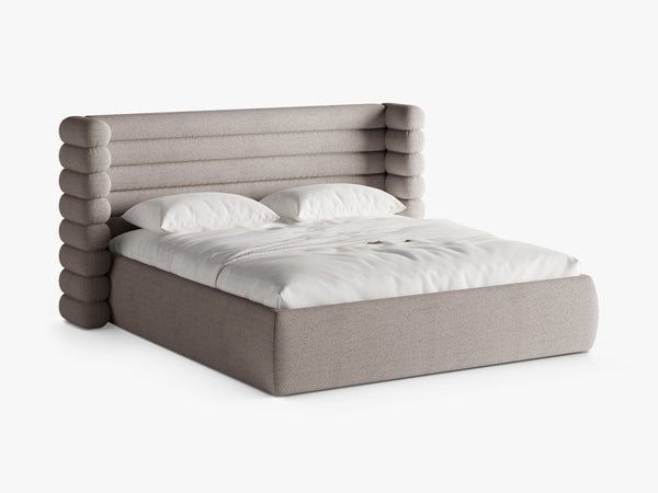 Modern Upholstered Bed Frame with Sculpted Headboard & Storage