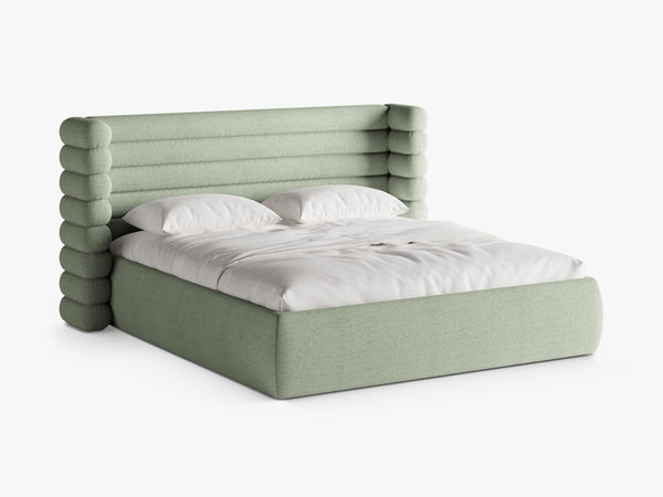 Modern Upholstered Bed Frame with Sculpted Headboard & Storage