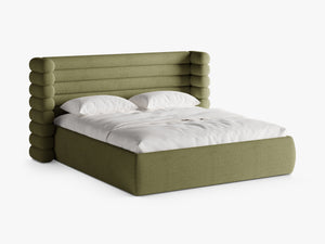 Modern Upholstered Bed Frame with Sculpted Headboard & Storage