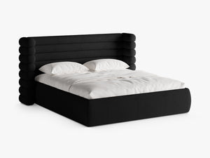 Modern Upholstered Bed Frame with Sculpted Headboard & Storage