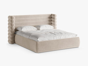Modern Upholstered Bed Frame with Sculpted Headboard & Storage