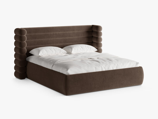 Modern Upholstered Bed Frame with Sculpted Headboard & Storage