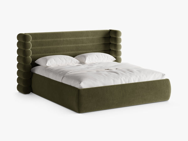 Modern Upholstered Bed Frame with Sculpted Headboard & Storage