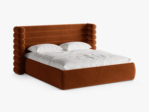 Modern Upholstered Bed Frame with Sculpted Headboard & Storage