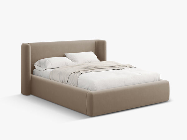 Upholstered Bed Frame with Winged Headboard & Storage