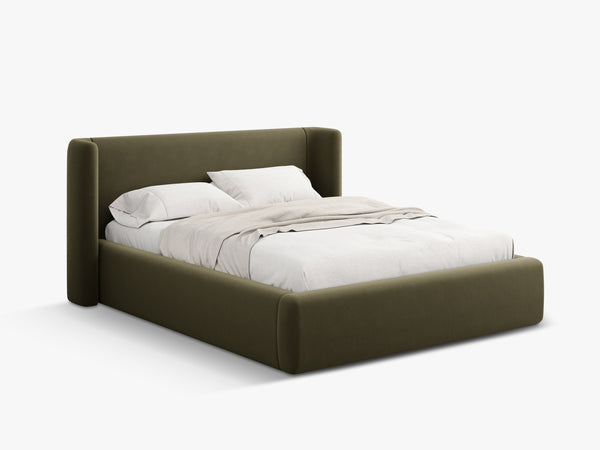 Upholstered Bed Frame with Winged Headboard & Storage