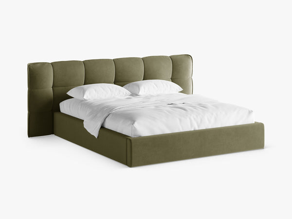 Upholstered Bed Frame with Winged Headboard & Storage