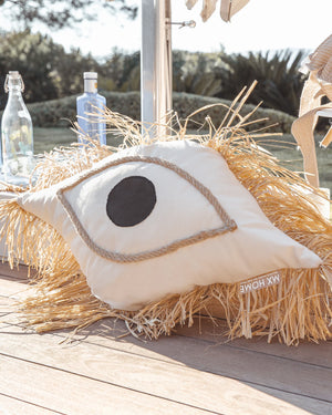 Greek Eye Cushion – White Fabric with Raffia Fringes