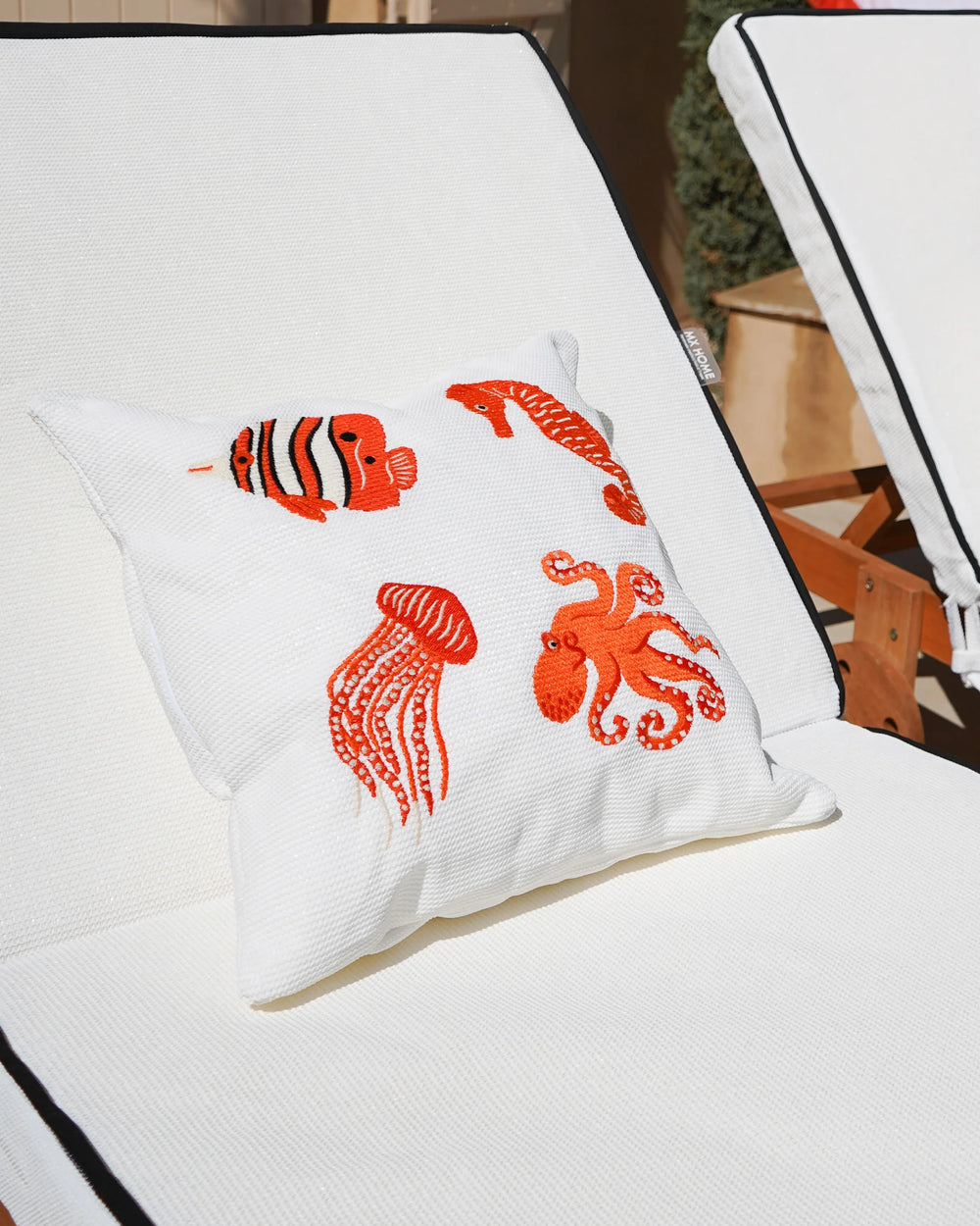 Square Cushion – White Raffia with Orange Fish Embroidery